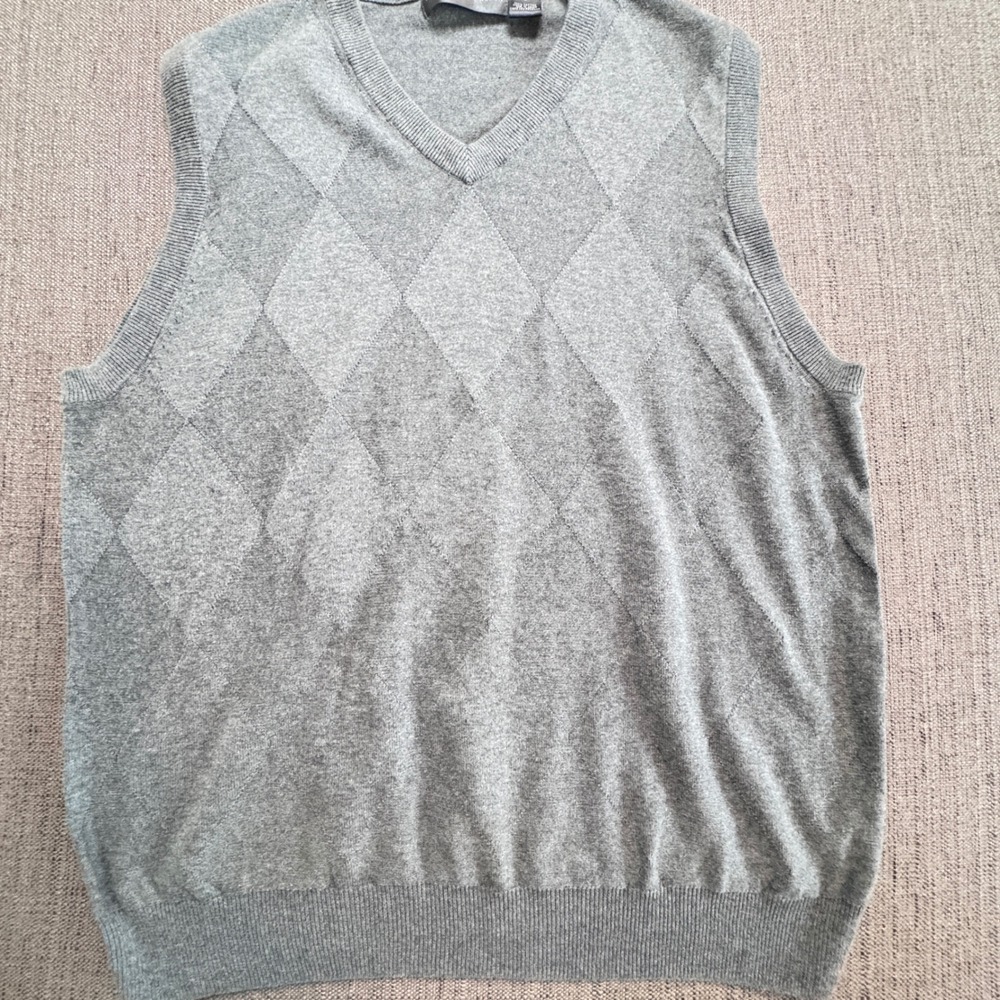 Oscar de la Renta Mens Gray Argyle V-Neck 100% Cotton Sweater Vest Large